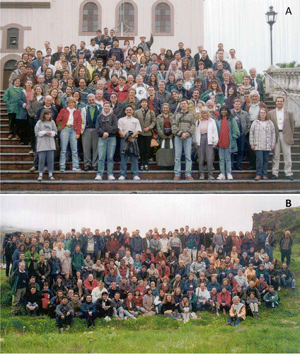 Figure 3. A, Participants at the Sixth International Conference, Curitiba, Brazil, August 1998; B, Participants at the Seventh International Polychaete Conference, Reykjavik, Iceland, July 2001.