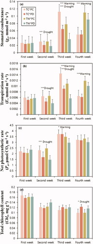 Figure 3. Stomatal conductance (a), transpiration rate (b), net photosynthetic rate (c), and total chlorophyll content (d) of Larix kaempferi seedlings. All the values are the mean of fifteen replicates. Error bars are the standard errors of the means, and asterisk (*) indicates significant difference among treatments (*p < .05, **p < .01, and ***p < .001). TC: temperature control plots, TW: temperature warming plots, PC: precipitation control plots, PD: drought plots.