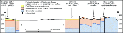 Figure 9  Simplified cross-section based on Fig. 8, oriented perpendicular to NNW-trending inferred faults. It shows differential offsets of the greywacke and Waitematā Group erosion surfaces. Remobilisation is evident from differences in offsets of these two surfaces on the NNW-trending faults. Boreholes close to the cross-section line are indicated.