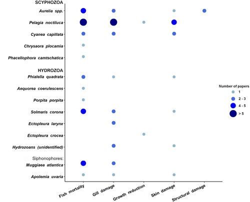 Figure 9. Number of reports relative to different jellyfish species and type of impacts caused on farmed organisms health and facility structural integrity.