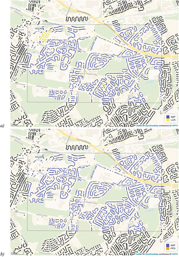 Figure 5. Estimated residential building stock by combining ABP with (a) the LCR or (b) land registry Price Paid Data. Postcode district NE10 highlighted, 1997.