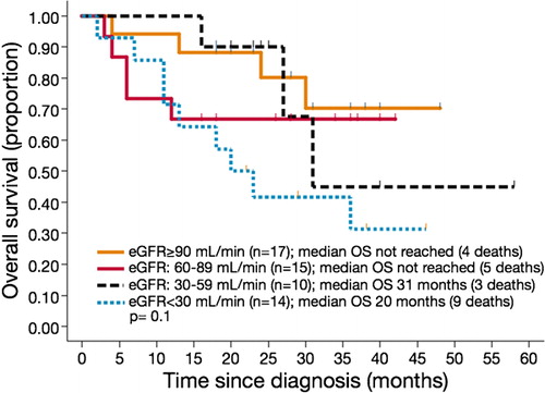 Figure 2. Kaplan–Meier curves for patients with eGFRs of ⩾90, 60–89, 30–59, and <30 ml/minute. eGFR, estimated glomerular filtration rate; OS, overall survival.