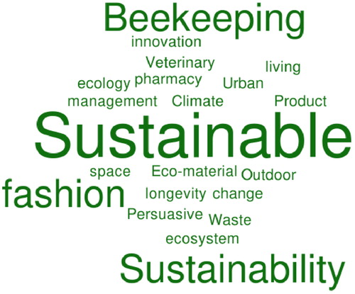 Figure 8. Word cloud representing the sub-themes related to the environmental type of value emerging from the analysis of the 67 design research projects.