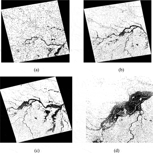 Figure 10. Wangjiaba water extraction results using U-Net method. (a)-(c) the water extraction results on 13, 20 and 21 July, respectively. (d) the COSMO-SkyMed water extraction result image on July 24.