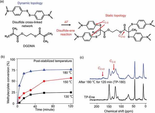 Figure 3. Thermally triggered topological alternation through a disulfide–ene reaction in a cross-linked polymer. (a) Network topological alternation from dynamic to static. (b) Correlation between methacrylate conversions and temperatures/times is illustrated by FTIR spectroscopy. (b) 13C solid-state nuclear magnetic resonance spectra of polymerized networks before (TP-Ene) and after post-stabilization at 180°C for 120 min (TP-180).