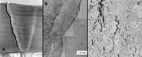 Figure 41. Example of heat affected zone cracking attributed to type IV failure mechanism in a CrMoV weld made with 2.25Cr–1Mo filler metal [Citation80]. (A) Macrograph of failure; (B) micrograph of failure location (not in the same weldment); (C) example of damage morphology in the heat affected zone.