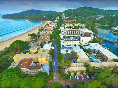 Figure 3. Main Beach, Buildings along Hastings Street and vertical development on the slopes near Noosa National Park (By Hypervision. Used under License).