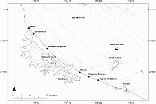 Figure 1. Map of the Bay of Plenty, New Zealand, showing the position of Astrolabe Reef, where the MV Rena grounded, and locations where Paphies subtriangulata were collected. (●) for PAH monitoring.