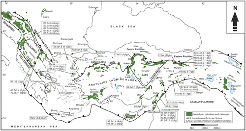 Figure 1. U-Pb ages of Tethyan ophiolites in Turkey and surrounding areas. Data are from (1) Dilek and Thy (Citation2006), (2) Dilek, Furnes, and Shallo (Citation2008), (3) Liati, Gebauer, and Fanning (Citation2004), (4) Mukasa and Ludden (Citation1987), (5) Konstantinou, Wirth, and Vervoort (Citation2007), (6) Dilek and Thy (Citation2009), (7) Parlak, Karaoğlan, Rızaoğlu, Klötzli, et al. Citation(2013), (8) Karaoğlan, Parlak, Klötzlı, Thönı, and Koller Citation(2013), (9) Koglin (Citation2008), (10) Koglin, Kostopoulos, and Reischmann (Citation2009), (11) Topuz et al. (Citation2012), (12) Sarıfakıoğlu, Dilek, and Uysal (Citation2012), (13) Karaoğlan, Parlak, Klötzli, Thöni, and Koller (Citation2012), (14) Robertson, Parlak, Ustaömer, et al. Citation(2013), (15) Karaoğlan, Parlak, Klötzli, Koller, and Rızaoğlu Citation(2013).