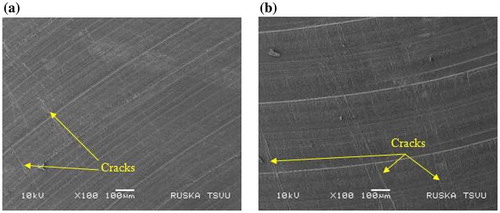 Figure 12. SEM micrographs of Machined surface (a) A = 85 mm/min, B = .15 mm/tooth, C = 1 mm, D = DCT 36 h (b) A = 85 mm/min, B = .15 mm/tooth, C = 1 mm, D = DCT 0 h (untreated tool).