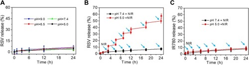 Figure 4 (A) Release kinetics of RSV from INR@FRT in pH 9.0, 7.4, 6.5 and 5.0. (B) Release kinetics of RSV from INR@FRT in PBS buffer (pH = 7.4 and 5.0) with 3 min NIR irradiation (808 nm, 0.3 W/cm2). (C) Release kinetics of IR780 from INR@FRT in pH 7.4 and 5.0 combined with 3 min NIR irradiation (808 nm, 0.3 W/cm2). The arrows represent the NIR irradation.Abbreviations: IR780, IR-780 iodide; RSV, resveratrol.