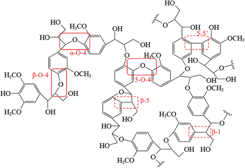 Figure 2. Molecular structure of lignin and these typical chemical bonds. The bonds marked by solid squares are C-O bonds and the bonds marked by dashed squares are C-C bonds [Citation9].