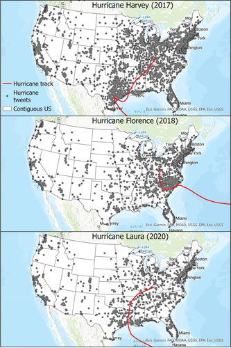 Figure 1. Hurricane paths and the spatial distribution of hurricane-related tweets.