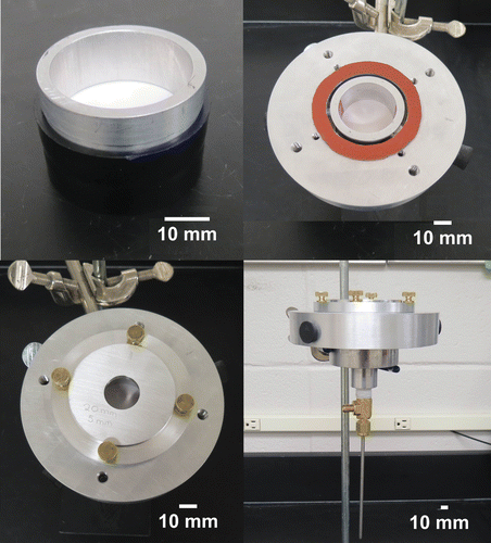 FIG. 4. (a) PIPS sampler, (b) top view of the opened PIPSv2 sampler, (c) PIPSv2 seen from above with inlet cap, and (d) side view of the PIPSv2 sampler. The annular slit in (b) carries the upward flow away from the inlet, forming a stagnation point and the center of the PIPSv2 inlet in (c).