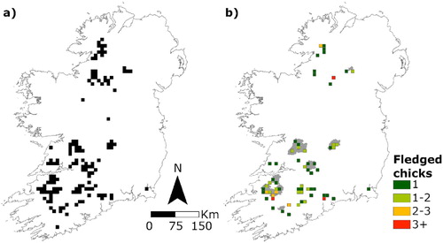 Figure 1. (a) Confirmed territory locations and (b) mean productivity (number of chicks fledged) of Hen Harriers in Ireland in 2010 and 2015, combined. Special Protection Areas (SPAs) are represented by grey polygons in (b).