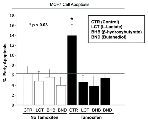 Figure 2. Lactate and ketone bodies confer tamoxifen-resistance in MCF7 cells. MCF7 cells were plated in homotypic culture. The next day, cells were incubated with 10 mM β-hydroxybutyrate (BHB), 10 mM butanediol (BND) or 10 mM L-lactate. After 24 h, 10 µM tamoxifen or vehicle alone (ethanol) was added for an additional 24 h. Apoptosis was measured with annexin V and PI staining. Note that as expected, tamoxifen induces a ~2-fold increase in early apoptosis (annexin V + and PI -), compared with vehicle alone treated cells. However, treatment with lactate and ketone bodies abolishes tamoxifen-induced cell death, suggesting that lactate and ketone bodies confer tamoxifen-resistance (p < 0.03, vs. all conditions).