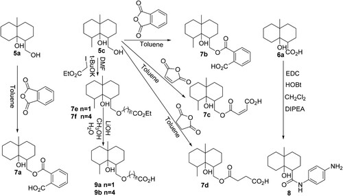Figure 3. Synthesis processes of GSM derivatives containing a long spacer arm with a carboxylic group or amine group at the end (7a, 7b, 7c, 7d, 9a, 9b, 8).