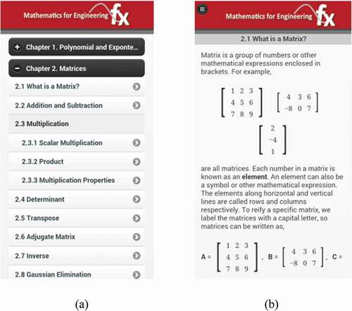 Figure 1. Snapshots of the developed mobile application. (a) Content page with collapsible index. (b) Descriptions and examples of an engineering mathematics topic.
