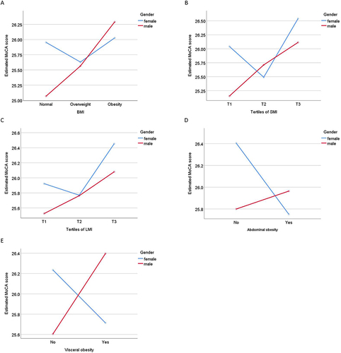 Figure 2 The interactions of gender and body compositions on cognitive function. There were interactions between gender and BMI (A), SMI (B), LMI (C), abdominal obesity (D) and visceral obesity (E) on the MoCA score.