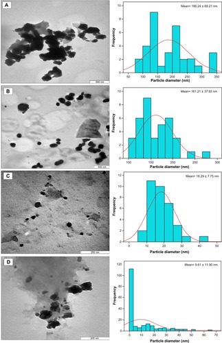 Figure 4 Transmission electron micrographs of chitosan-copper nanoparticles at different concentrations of chitosan medium, 0.05, 0.1, 0.2 and 0.5 wt%, (A–D) respectively.Notes: Attached to each micrograph, is the size bar chart fitted with Gaussian curve which demonstrates the size distribution pattern of the nanoparticles in the micrographs. The standard mean sizes of the nanoparticles were also determined through Gaussian curve.