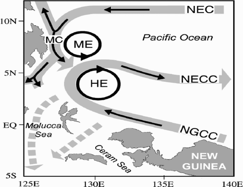 Fig. 1 Schematic diagram of the current pattern between Mindanao and New Guinea (adapted from Zhou et al., Citation2010 by permission of Science China Press). Solid lines denote surface-subsurface flow (i.e., the MC, the NECC, the NGCC, the ME, and the HE). The thin dashed lines indicate flow below the subsurface–intermediate layer (i.e., Mindanao Undercurrent (MUC) and New Guinea Coastal Undercurrent (NGCUC)). The NGCC in boreal summer is shown.