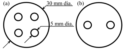 Figure 2 Schematic drawings of 30-mm-diameter cylindrical phantoms with (a) four holes and (b) two holes. The heights of these phantoms are 60 mm