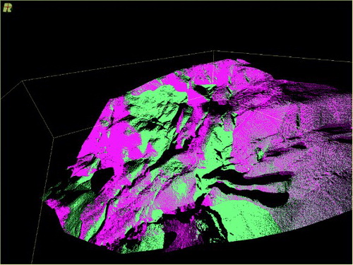 Figure 4. Point cloud with topographic shadows. This is a perspective view from the three- dimensional data. The magenta color shows areas visible from scan station 1, and cyan shows areas visible from the scan station 2. Areas with points of both colors (magenta and cyan) are visible from both scan stations. The black shading shows areas in which no measurements were possible.