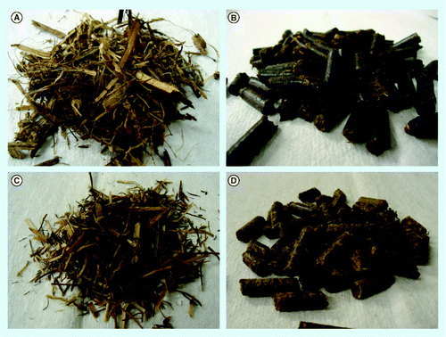 Figure 5.  Packed bed Ammonia Fiber Expansion-treated biomass. (A) corn stover, loose; (B) corn stover, pellets; (C) wheat straw, loose; (D) wheat straw, pellets. Pellets are 0.25 inches in diameter.