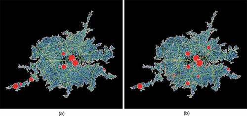 Figure 5. Illustration of good correlation between the polygon sizes, based on street nodes (a) and their degrees of wholeness (b) for the natural city London (a bit smaller than M25 highway).The sizes of the dots are proportional to their values, so they are not classified in order to show the good correlation.