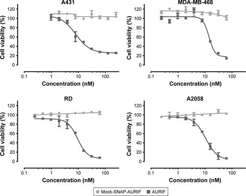 Figure S1 Cytotoxic effects of free AURIF and mock-SNAP-AURIF.Notes: The cytotoxicity of free AURIF and mock-SNAP-AURIF assessed using an XTT-based viability assay after incubation for 72 h. Representative data from one assay are shown. Cells were incubated with decreasing concentrations of free AURIF and mock-SNAP-AURIF. The EC50 values relative to cells treated with PBS (negative control) and Zeocin (positive control) were calculated using GraphPad Prism v5. The data are shown as mean ± SD of each measurement.Abbreviations: AURIF, auristatin F; EC50, concentration required to achieve a 50% reduction of cell viability; PBS, phosphate-buffered saline.