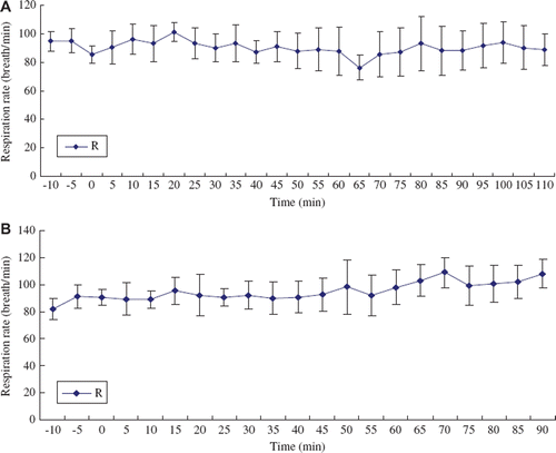 Figure 3. Respiration rate in rat exchange transfusion model. Respiration rates were monitored every 5 min throughout the experiment. A: changes of respiration rate in pPolyHb group; B: changes of respiration rate in hetastarch group.