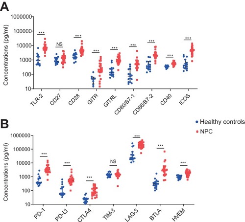 Figure 1 Differential expression of sixteen immune checkpoint proteins in the plasma of heathy controls and patients with nasopharyngeal carcinoma: (A) 9 costimulatory molecules and (B) 7 coinhibitory molecules (***Mean p<0.001, NS mean p>0.05).