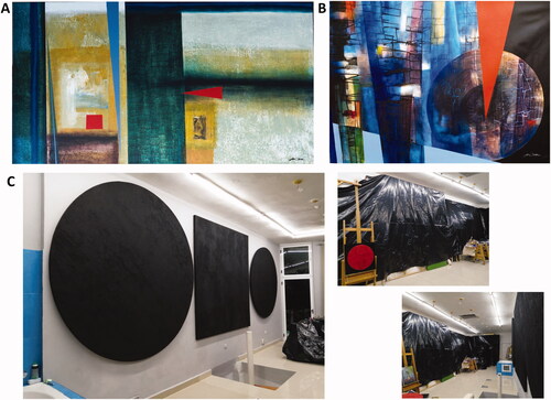 Figure 4. Artworks by J. O. Torres, (A) Loneliness (Soledad), 2020 (acrylic on canvas, 100 × 200 cm) and (B) Circulating the pandemic II (Circulando la pandemia II), 2020 (acrylic on canvas, 95 × 152 cm); S. Planes, (C) Motivated by the COVID-19 pandemic, 2020 (instalation pieces at the artist’s studio, various dimensions).