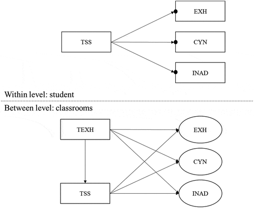 Figure 1. Hypothetical model of teacher exhaustion, social support from the teacher, and students’ study burnout