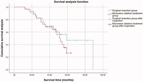 Figure 4. For the liver metastatic lesions with a diameter ≥3 cm, overall survival in the PMWA group versus conventional resection group.