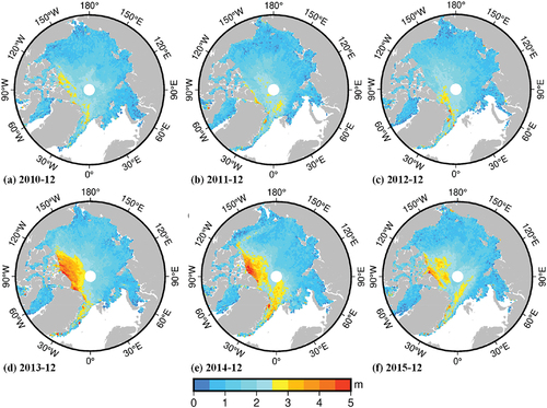 Figure 6. Arctic sea ice thickness data products in December from 2010 to 2015.