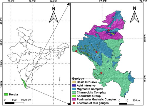 Figure 1. Location detains of Idukki (a) India (b) Geological map of Idukki district (modified after (Geological Survey of India Citation2010)).