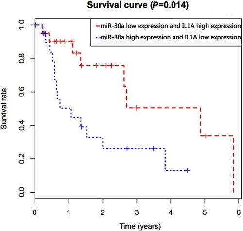 Figure 8 Prognostic value of hsa-miR-30a-5p and IL1A in EAC patients from TCGA datasets.Abbreviations: EAC, esophageal adenocarcinoma; TCGA, the Cancer Genome Atlas.