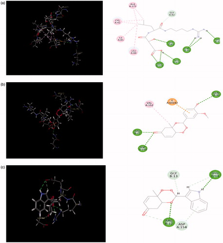 Figure 9. (a) Redocked conformer (pose) of E-64 in the active site of the protein falcipain 2 (left) and 2D representation of the binding interaction (right); (b, c) binding mode (left) and 2D receptor–ligand interaction diagram (right) of compounds, 3′l and 3″d at binding pocket of falcipain 2 (left), respectively.