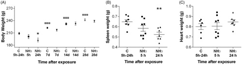 Figure 2. (A–C) Effects in rats subjected to ammonia (1% NH3) via intratracheal instillation on (A) body weight at 5 h–28 days after exposure, (B) spleen weight (g) and (C) heart weight (g) at 5 h and 24 h after exposure. Values indicate means ± SEM, n = 6–8 rats per group. Statistical significances of NH3-exposed animal compared to age-matched control rats (*p < 0.05 and **p < 0.01), and control groups at 14 and 28 days compared to control rats at 5 h–24 h are indicated (Display full sizep < 0.001).