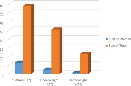 Figure 3. Total number of children at Bandanyenje Primary School who are stunted and underweights without urinary schistosomiasis against those who are stunted and underweight but are infected with S. haematobium.