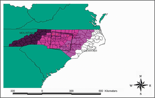 Figure 1. The study region boundaries and physio-geographic zones of North Carolina. Source: Adapted from T.E. Stear, “Population Distribution,” pp. 30–51, in North Carolina's Changing Population (University of North Carolina, Carolina Population Center, Citation1973).