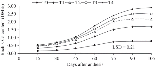 FIGURE 5 The rates of rachis-Ca accumulation (mg 100 g DM) as influenced by 3 times of various levels of CaCl2 (W/V) applications on table seedless grape ‘Asgari’ during berry growth and development. T0 (control); T1 0.8%; T2 1.2%; T3 1.6%; T4 2% w/v CaCl2 concentration. Data presented are the mean of two years.