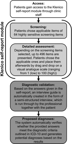 Figure 1. Different steps of the Klenico system including self-report module and diagnostic validation module. Off note, only the self-report module was assessed in the current analysis.