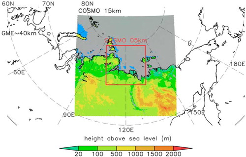 Fig. 1 Model domains of the weather prediction model of the Consortium for Small-scale Modelling (COSMO) 15 km and COSMO 5 km covering the Laptev Sea. The underlying map shows altitude over land. Polynya areas for 10 January 2009 are shown as blue areas. The German Meteorological Service's global model (GME 40 km) provides forcing data for the COSMO 15 km model runs.