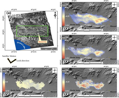 Figure 6. Site location of the study area on the ascending ASAR power image (a). Mean subsidence map for PALSAR (b) and ASAR interferograms (c); horizontal (d) and vertical components of displacement (e).