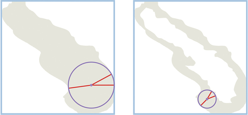 Figure 133. Schematic illustration of the calculations of the thickness (red). A single grid cell (light blue) was intersected with the ground mask polygon (light gray).