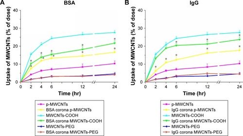 Figure 3 Cellular uptake of three types of MWCNTs with or without BSA (A) and IgG (B) coronas by RAW264.7 cells.Notes: Quantitative analysis of cellular uptake of MWCNTs by RAW264.7 cells as shown by the standard turbidimetric method. Cells were cultured in 6-well culture dishes to confluence and exposed to MWCNTs (25 µg/mL) up to 24 hours. Dimethyl sulfoxide (0.2 mL) was added to each well and the lysate was pipetted thoroughly. A 250 µL sample was transferred to 96-well plates, and the OD (640 nm) was measured to quantify the amount of cell-associated MWCNTs. Data are representative of three independent experiments. *P<0.05 compared to the same types of MWCNTs without protein corona BSA: human plasma protein; IgG: human serum albumin.Abbreviations: IgG, immunoglobulin G; MWCNTs, multiwalled carbon nanotubes; MWCNTs-COOH; carboxylated MWCNTs; MWCNTs-PEG, polyethylene glycol MWCNTs.