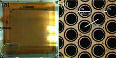 Figure 3. (a) Photograph of the G-GEM guard ring. The sensitive area is 100 mm × 100 mm. (b) A magnified photograph of the holes. The guard-ring width, gap between the ring and hole, hole diameter, and hole pitch are 20, 20, 160, and 280 μm, respectively.