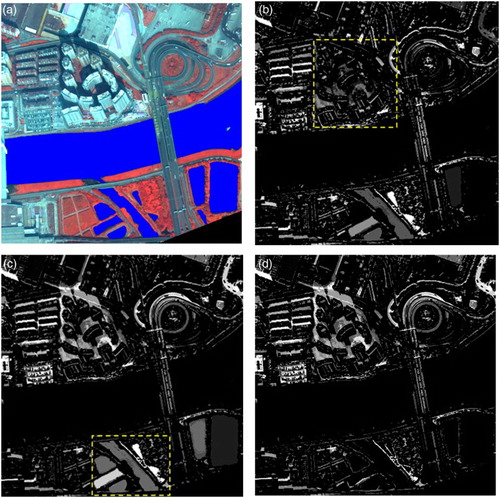 Figure 2. An example showing the results of MSI: (a) is an example image overlaid with reference, (b) and (c) are the MSI feature images, with the sizes of SE (smin, smax, and s) set as (2, 22, and 5) and (2, 52, and 5), respectively, and (d) is the refined result of (c).